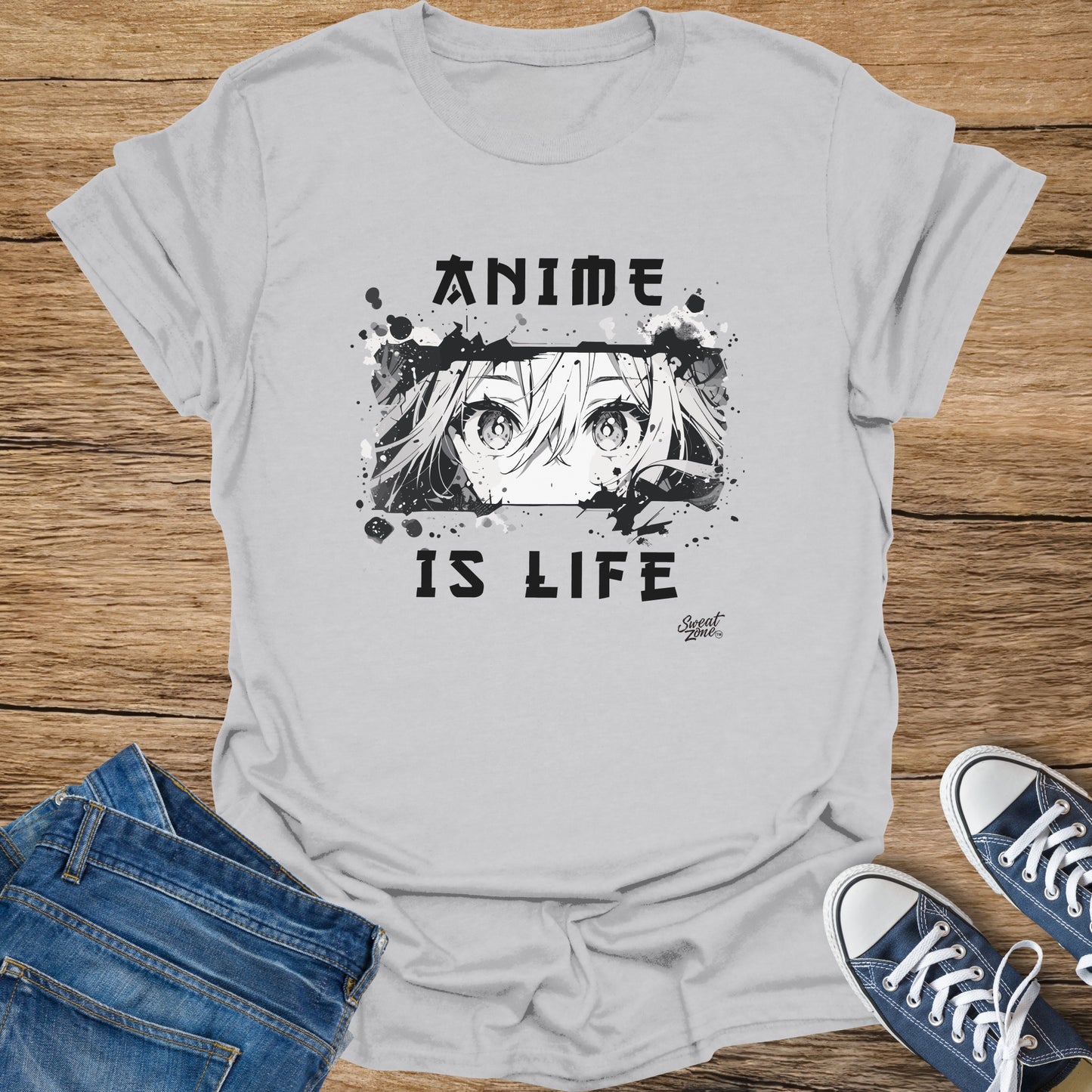 T-shirt with "ANIME IS LIFE" text and anime girl eyes graphic.