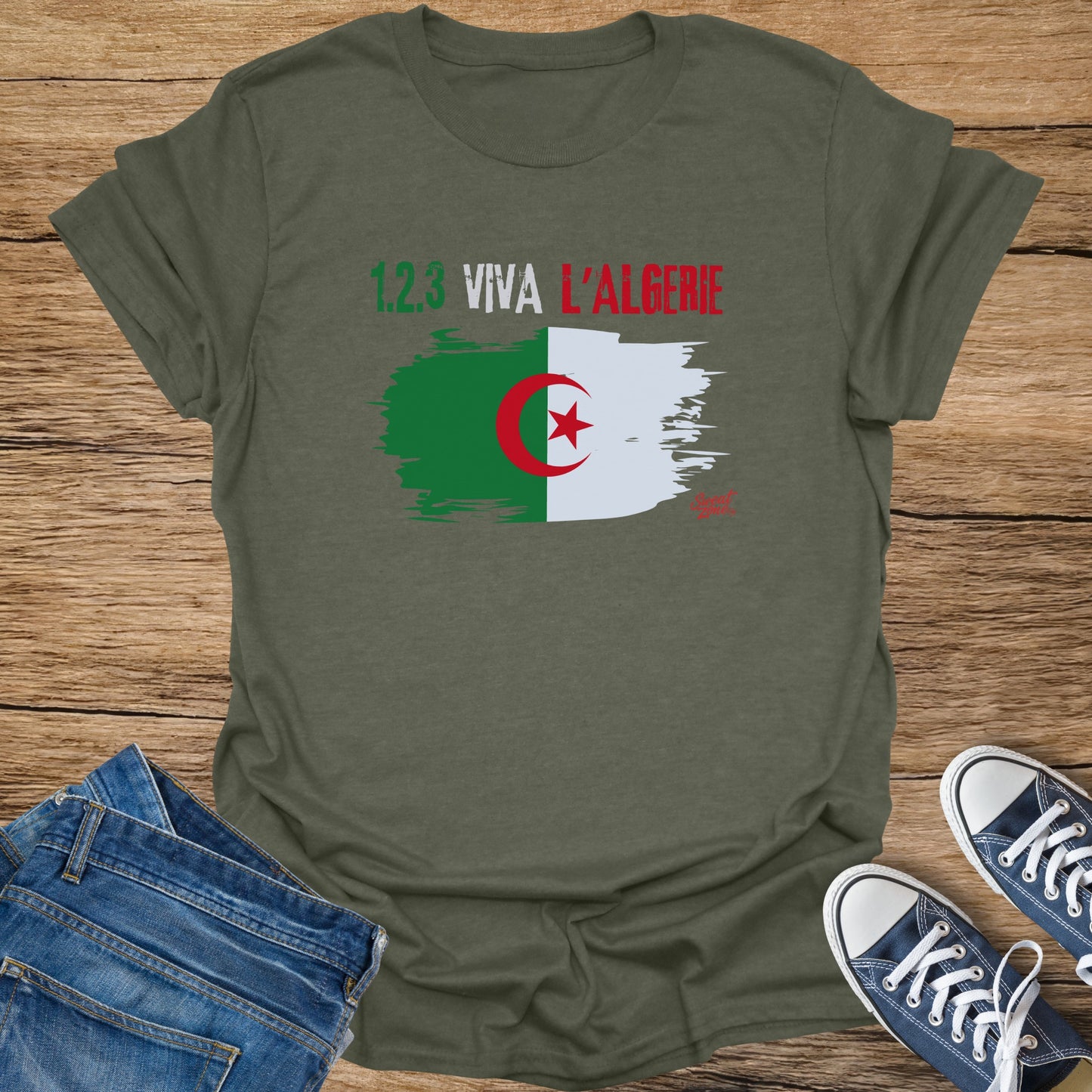 Olive green t-shirt with "1.2.3 VIVA L'ALGERIE" and Algerian flag graphic.