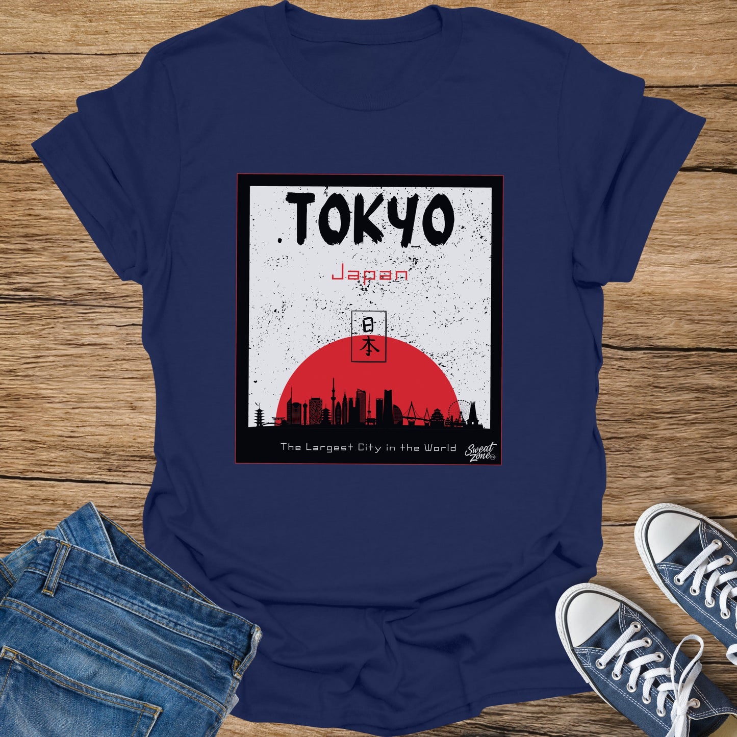 Dark blue t-shirt with Tokyo Japan skyline graphic and red sun.