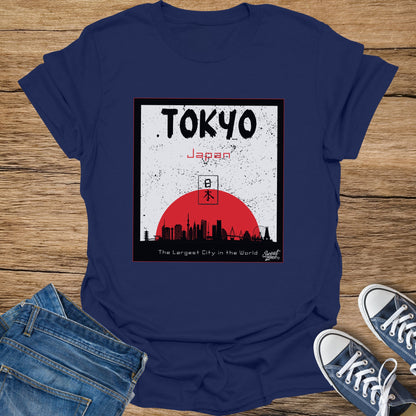 Dark blue t-shirt with Tokyo Japan skyline graphic and red sun.