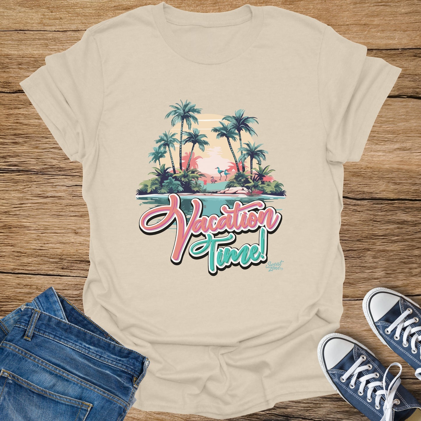 Cream t-shirt with "Vacation Time!" graphic featuring palm trees and flamingos.