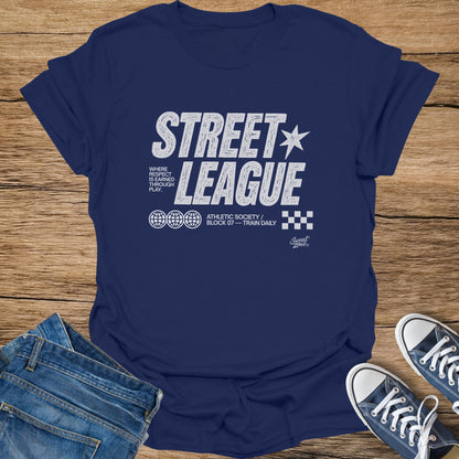 Navy t-shirt with "Street League Where Respect Is Earned Through Play" graphic.