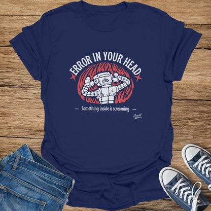 Dark blue t-shirt with a distressed robot graphic and text "ERROR IN YOUR HEAD".