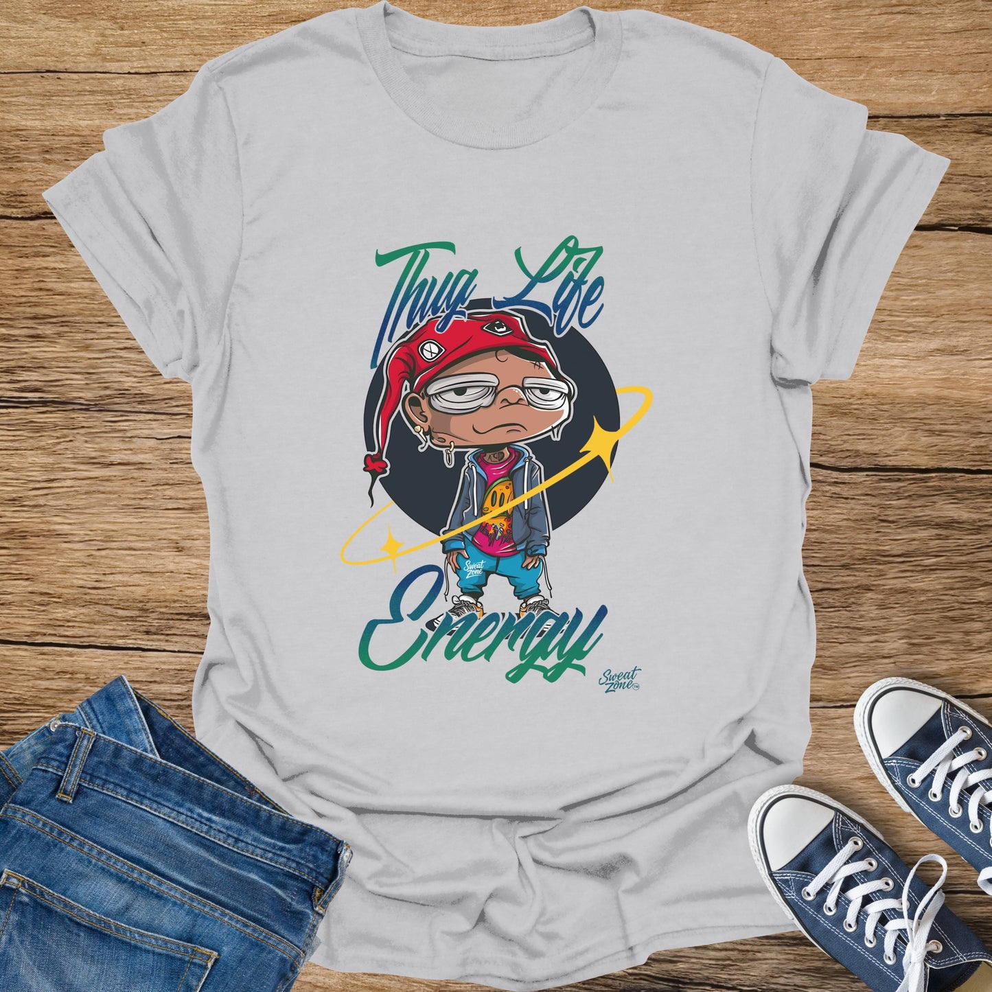 White t-shirt with cartoon character, "Thug Life" text, and "Energy" graphic.