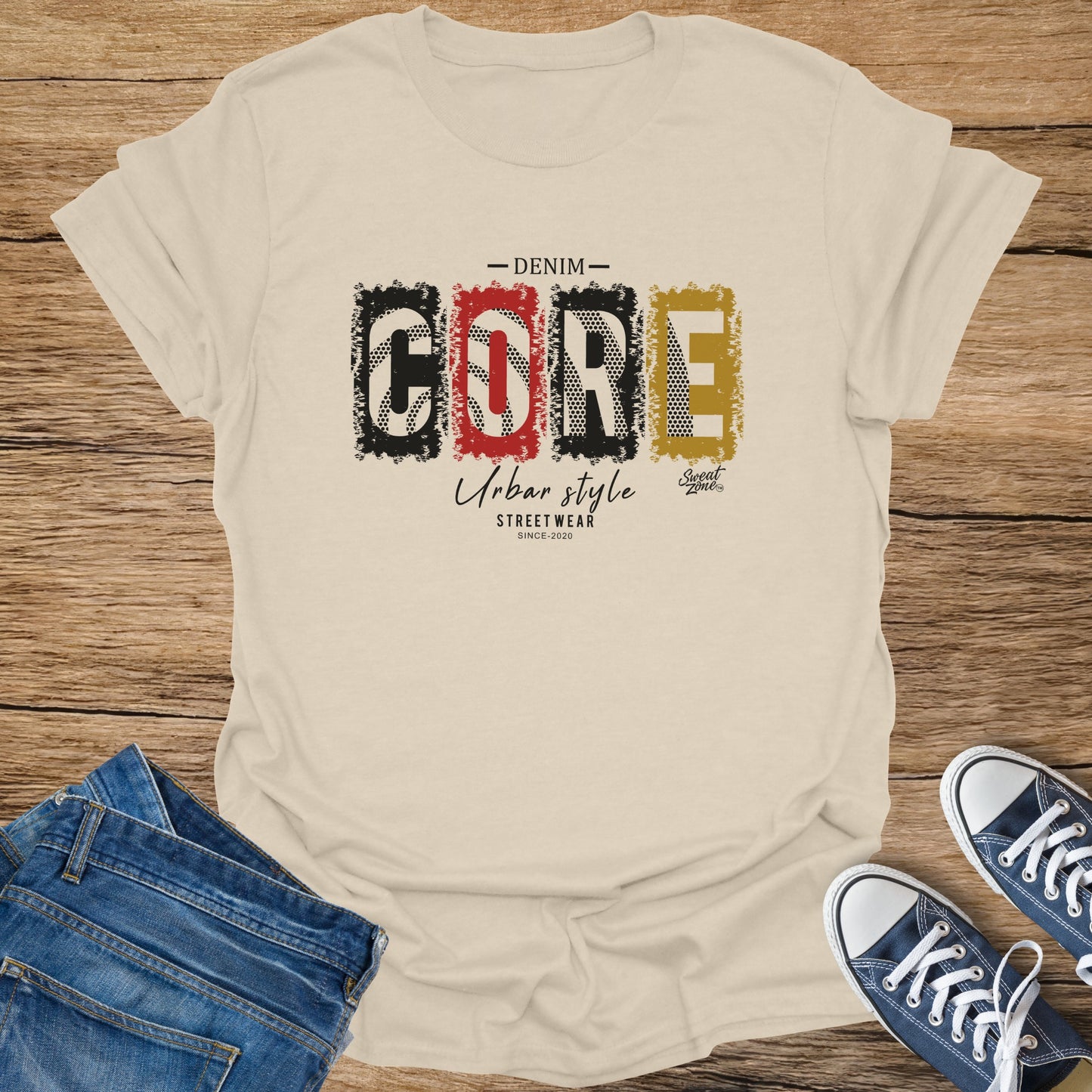 Cream t-shirt with "DENIM CORE Urban style STREETWEAR SINCE-2020" graphic.