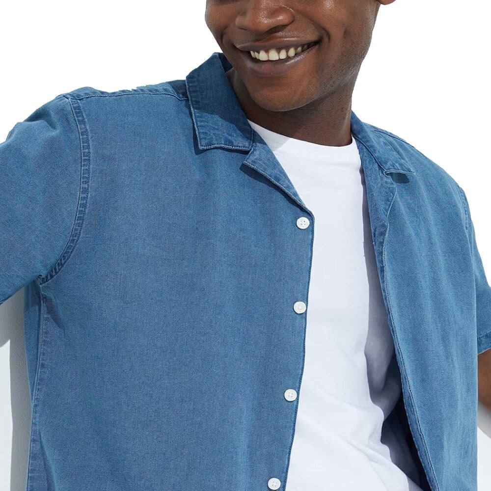 Easy Chambray Revere Collar Short Sleeve Shirt -Sweat Zone DZ